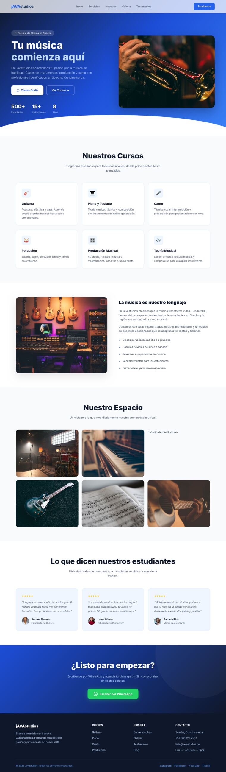 Landing generada por Big Pickle: hero azul con trompeta, grid de 6 cursos, galería y testimonios