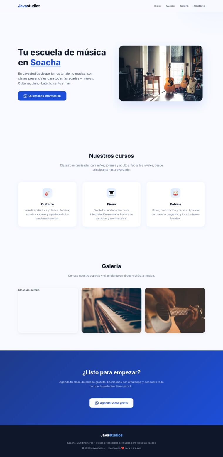 Landing generada por DeepSeek: hero con foto al lado, tres tarjetas de cursos, galería y CTA azul