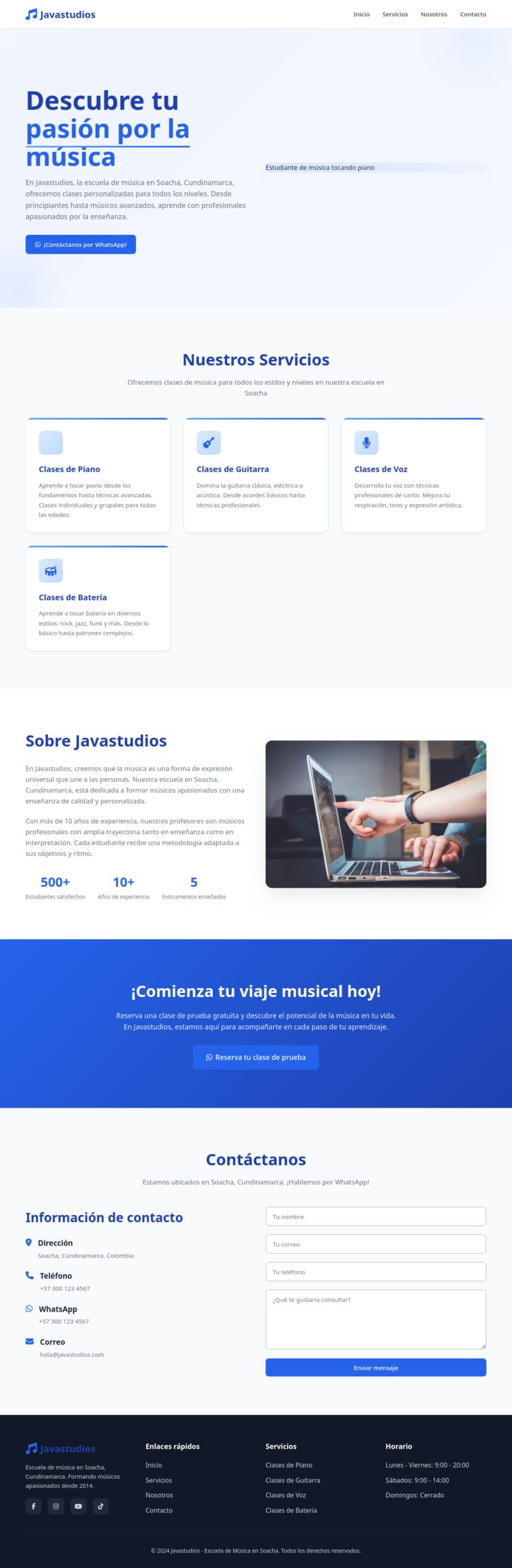 Landing generada por Laguna: hero sin imagen, tarjetas de servicios, y una foto de laptop en la sección Sobre Nosotros