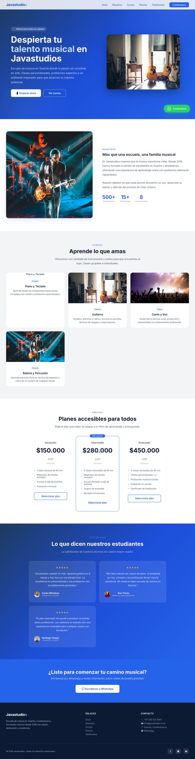 Landing generada por Ling: hero azul, sección de cursos, tabla de precios en COP y testimonios