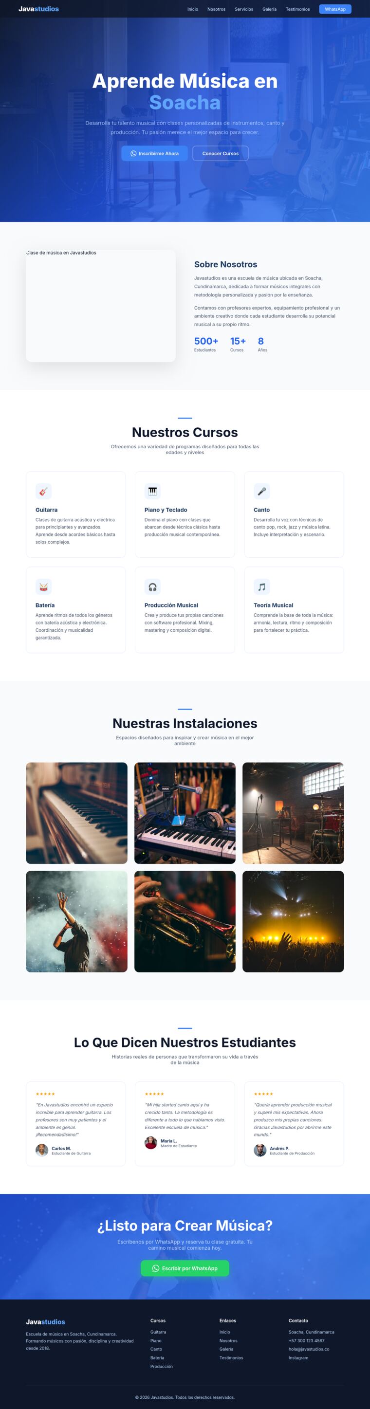Landing generada por MiMo: hero con foto de fondo y overlay azul, 6 cursos, galería 3x2